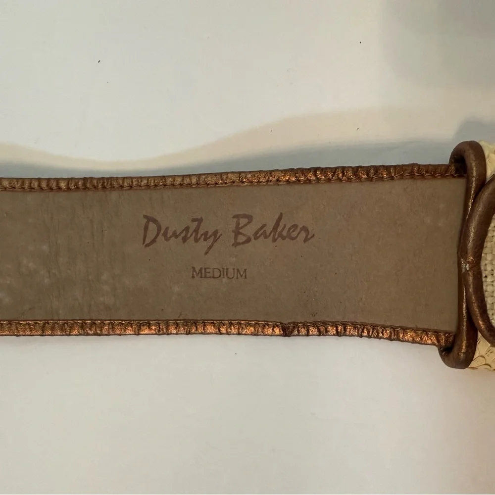 DUSTY BAKER BELT WIDE CREAM FABRIC SNAKESKIN METALLIC BRONZE GOLD SIZE M